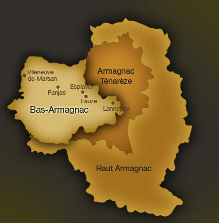 雅文邑(Armagnac)產(chǎn)區(qū)圖，如同葡萄葉一般的形狀。